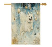 Bandiera natalizia per casa del cane Samoiedo, 71,1 x 101,6 cm, double-face, decorativa per esterni, con fiocchi di neve di lusso, bandiera in lino per la casa, per animali domestici, cortile, prato