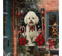 Bandiera natalizia per la casa del cane Bichon Frise, 71 x 101 cm, double-face, decorativa per esterni, per Natale, caramelle, poinsettia, cuccioli, bandierine per la casa, per le vacanze e gli