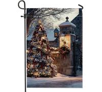 Bandiera natalizia per le vacanze invernali, albero innevato bianco e lanterna, decorazione per esterni, striscione da giardino in iuta su entrambi i lati, per decorazione festiva del prato, 30,5 x