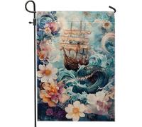 Bandiera nautica da giardino con onde oceaniche, nave mostro blu del mare per la decorazione della casa e il giardino, bandiera in iuta su entrambi i lati, decorazione per prato all'aperto, 30,5 x