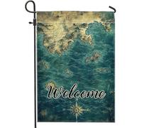 Bandiera nautica vintage da giardino di benvenuto, bandiera blu con mappa dell'oceano per la casa, bandiera da cortile su entrambi i lati, decorazione per esterni, perfetta per l'intrattenimento