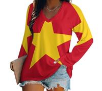 Bandiera Nazionale del Vietnam T-Shirt da Donna A Maniche Lunghe, con Scollo A V, Stampa Bandiera alla Moda Maniche Lunghe, Classica, Top Basic dalla vestibilità Ampia, Lavabile in Lavatricexl