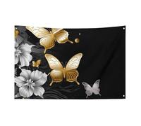 Bandiera nera con farfalle bianche dorate, 61 x 88,9 cm, non sbiadisce, bandiera di benvenuto da giardino, cortile, casa, cartello decorativo per interni ed esterni, striscione per feste e decorazioni