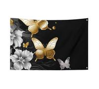 Bandiera nera con farfalle bianche e dorate, 152,4 x 243,8 cm, non sbiadisce, bandiera di benvenuto, giardino, cortile, casa, cartello decorativo per interni ed esterni, decorazione per la casa
