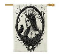 Bandiera nera per casa della strega di Halloween, 71 x 101 cm, double-face, per decorazione esterna, gotica spaventosa corvo, teschio di corvo, bandiera per la casa, scheletro horror, motivo per