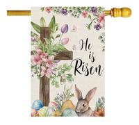 Bandiera Pace He Is Risen Easter Watercolor Cross Bunny Eggs Flowers Leaves Rabbits Robuste Bandiera Decorativa Resistente Alle Intemperie Decorazioni Da Esterno Per Patio Prato 12X18 Inch