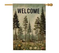 Bandiera panoramica da giardino con alberi di pino vintage, decorazione per esterni, striscione estivo in iuta su entrambi i lati, bellissimo paesaggio per la casa, 71 x 101 cm