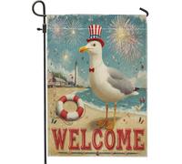 Bandiera patriottica con gabbiano da spiaggia, giardino, faro, fuochi d'artificio, decorazione per le vacanze, striscione vintage in iuta costiera per esterni, decorazione per feste estive, prato
