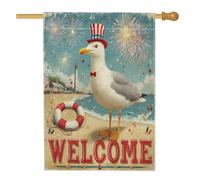 Bandiera patriottica con gabbiano da spiaggia, giardino, faro, fuochi d'artificio, decorazione per le vacanze, decorazione vintage per esterni, decorazione per feste estive, prato, 71 x 101 cm