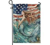 Bandiera patriottica da giardino a forma di sirena, decorazione per prato con oceano stellato, in tessuto double-face, decorazione per la casa per feste estive del 4 luglio, 30,5 x 45,7 cm