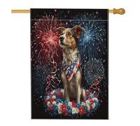 Bandiera patriottica da giardino con cane, rosso e blu, fuochi d'artificio floreale estate giorno dell'indipendenza decorazione per la casa all'aperto banner in iuta decorazione per cortile per feste