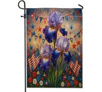 Bandiera patriottica da giardino con fiori di iris, stelle viola e rosse per le vacanze, striscione all'aperto in iuta su entrambi i lati, decorazione per il quarto di luglio, festa estiva per la casa