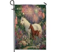 Bandiera patriottica da giardino con fuochi d'artificio, cavallo bianco e puledro marrone, decorazione estiva per vacanze estive su entrambi i lati, per il giorno dell'indipendenza, decorazione per
