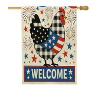 Bandiera patriottica da giardino con pollo, motivo scozzese bianco e nero con fuochi d'artificio, striscione di benvenuto a stella su entrambi i lati, in iuta decorativa, per il quarto di luglio, per