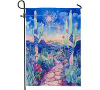 Bandiera patriottica da giardino del deserto, cielo notturno blu fuochi d'artificio Saguaro Cactus USA a tema esterno, decorazione per le vacanze, striscione su entrambi i lati da cortile 71 x 101 cm
