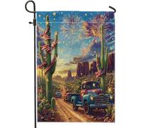 Bandiera patriottica da giardino del deserto, fuochi d'artificio cactus vintage camion paesaggio esterno striscione decorazione per esterni, decorazione su entrambi i lati in iuta per feste e cortili