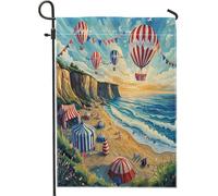 Bandiera patriottica da giardino sulla spiaggia, con mongolfiere rosse e blu, scogliera, tramonto, decorazione per la casa e il cortile, in iuta su entrambi i lati, decorazione per esterni, feste