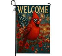 Bandiera patriottica estiva da giardino cardinale, uccello rosso fuochi d'artificio stelle America decorazione per la casa, doppio lato, decorazione per esterni, vacanze, cortile, 30,5 x 45,7 cm