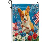 Bandiera patriottica estiva da giardino Corgi, rosso bianco blu floreale fuochi d'artificio all'aperto prato striscione su entrambi i lati in iuta decorazione per feste per la casa decorazione del