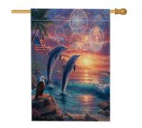 Bandiera patriottica estiva da giardino costiero, tramonto fuochi d'artificio delfini aquila USA decorazione per la casa, bandiera a doppio lato per cortile all'aperto decorazione per feste 71 x 101