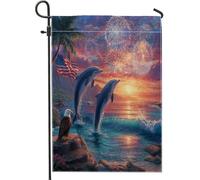 Bandiera patriottica estiva da giardino costiero, tramonto fuochi d'artificio delfini aquila USA decorazione per la casa, bandiera a doppio lato, decorazione per feste all'aperto 30,5 x 45,7 cm