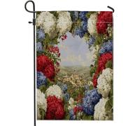 Bandiera patriottica estiva da giardino, motivo floreale rosso, bianco, blu, ortensia americana, bandiera panoramica per le vacanze, bandiera su entrambi i lati, decorazione per prato all'aperto, 30,5