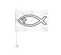 Bandiera per auto con simbolo cristiano del pesce Ichthus con croce 12x18 in bandiere per auto decorazione finestrino auto, bandiere per finestrino auto impermeabili con clip per finestrino a do