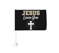 Bandiera per auto Jesus loves you 12x18 In bandiere per auto Decorazione per finestrini auto, bandiere per finestrini auto impermeabili Bandiera per finestrini auto a doppia faccia con clip per finest