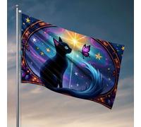 Bandiera per camera da letto Ragazze Un gatto nero con una coda blu guarda una farfalla viola contro una bandiera stellata bandiera estiva bandiere decorative per la casa (120 x 180 cm)