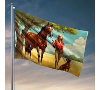 Bandiera per camera Ragazze Una donna gode di vino mentre cammina il suo cavallo e il suo cane in un campo soleggiato. Bandiera estiva bandiera bandiere decorative per la casa (120 x 180 cm)