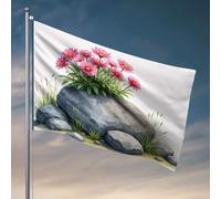 Bandiera per camera ragazze una grande roccia con fiori rosa che crescono sulla parte superiore. Bandiera estiva bandiere decorative per la casa (152 x 244 cm)
