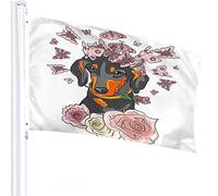 Bandiera per cani 4x6 FT Simpatico animale Bassotto nero con fiore rosa rosa tra i denti Farfalla Bandiere per esterni Grandi striscioni per cortile di benvenuto Giardino per la casa Decorazione per