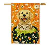 Bandiera per cani di Halloween, striscione da giardino con scheletro arancione a forma di cucciolo, decorazione per esterni in iuta su entrambi i lati, 71 x 101 cm
