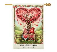 Bandiera per casa a cuore, romantici gnomi fantasiosi albero di San Valentino rosso su entrambi i lati, bandiere decorative per portico anteriore, patio, prato, ingresso campeggio, 71 x 101 cm