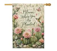 Bandiera per casa con cactus, fiori rustici e botanici con farfalla verde primaverile su entrambi i lati, bandiere decorative per portico anteriore per esterni, cortile, prato, patio, porta d'ingresso