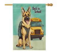 Bandiera per casa con cane pastore tedesco, scuolabus, 71 x 101 cm, double face, per decorazione esterna, divertente per il ritorno a scuola, cucciolo di cane da cortile, bandiera per la casa, per