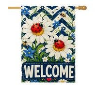 Bandiera per casa con crisantemo, primaverile floreale coccinella ape primavera iuta bianca double face bandiere decorative per portico anteriore per esterni prato cortile patio ingresso 71 x 101 cm