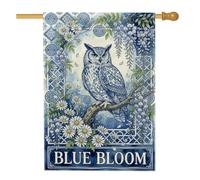 Bandiera per casa con gufo, crisantemo botanico con glicine primaverile, blu, su entrambi i lati, decorativa, per esterni, prato, cortile, patio, ingresso, 71 x 101 cm