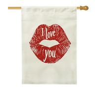 Bandiera per casa con labbra, romantico, casual, con testo bacio, San Valentino, in iuta rossa, double face, per portico anteriore, bandiere decorative per esterni, cortile, prato, patio, porta