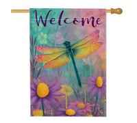 Bandiera per casa con libellula, fiori fantasiosi primaverili con scritta "Welcome Spring", in iuta turchese, double face, per portico anteriore, bandiere decorative per esterni, prato, cortile, patio