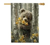 Bandiera per casa con orso, motivo narciso primaverile, albero di betulla, in iuta gialla su entrambi i lati, bandiere decorative per portico anteriore, per esterni, patio, cortile, prato, ingresso