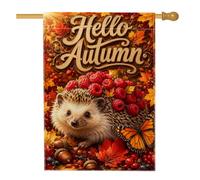 Bandiera per casa con riccio, fantasiosa bandiera rustica lamponi farfalla autunno arancione su entrambi i lati in iuta decorativa per esterni, patio, cortile, prato, ingresso, balcone, 71 x 101 cm
