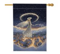 Bandiera per casa d'angelo, motivo natalizio con stelle e città, in iuta blu, double face, per portico anteriore, per esterni, patio, prato, ingresso e campeggio, 71 x 101 cm