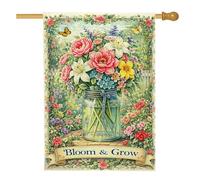 Bandiera per casa dei fiori, floreale vintage farfalla Mason Jar Spring Peach double face juta portico bandiere decorative per esterni, patio, prato, ingresso campeggio, 71 x 101 cm