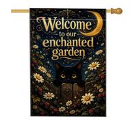Bandiera per casa dei gatti, fantasiosa e incantevole luna, margherite autunnali, in iuta nera, double face, grande bandiera da giardino per esterni, patio, prato, ingresso campeggio, 71 x 101 cm