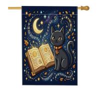 Bandiera per casa dei gatti, fantasioso libro magico luna Halloween tela blu double face decorativo esterno portico bandiere per esterni patio prato ingresso campeggio 71 x 101 cm