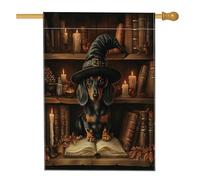 Bandiera per casa del cane bassotto di Halloween, 71 x 101 cm, double-face, per esterni, per esterni, spaventosa strega, libri magici, cuccioli, bandiera, per la casa, per animali domestici, piccola