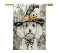 Bandiera per casa del cane Cavachon strega di Halloween, 71,1 x 101,2 cm, double-face, decorativa per esterni, vintage, per casa infestata, cuccioli, bandierine per la casa, per esterni, piccola