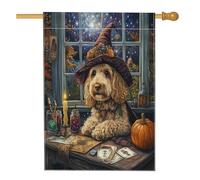 Bandiera per casa del cane Cockapoo strega di Halloween, 71,1 x 101,2 cm, double face, per decorazione esterna, tarocchi astrologia cucciolo frontyard bandiera per la casa, strega all'aperto piccola