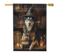 Bandiera per casa del cane Husky di Halloween, 71 x 101 cm, per esterni, spaventosa strega, libri magici per cuccioli, bandiera verticale standard per la casa, decorazione per esterni